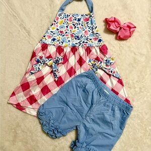 Floral and Checkered Kids Outfit with Blue Shorts